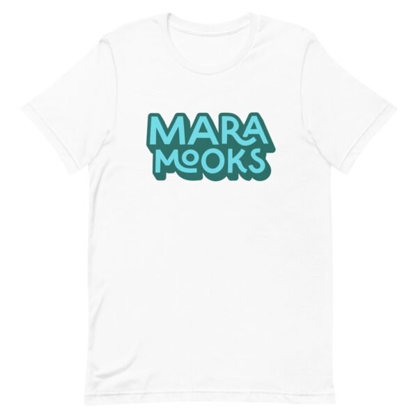 Teal Maramooks Logo on a white t-shirt