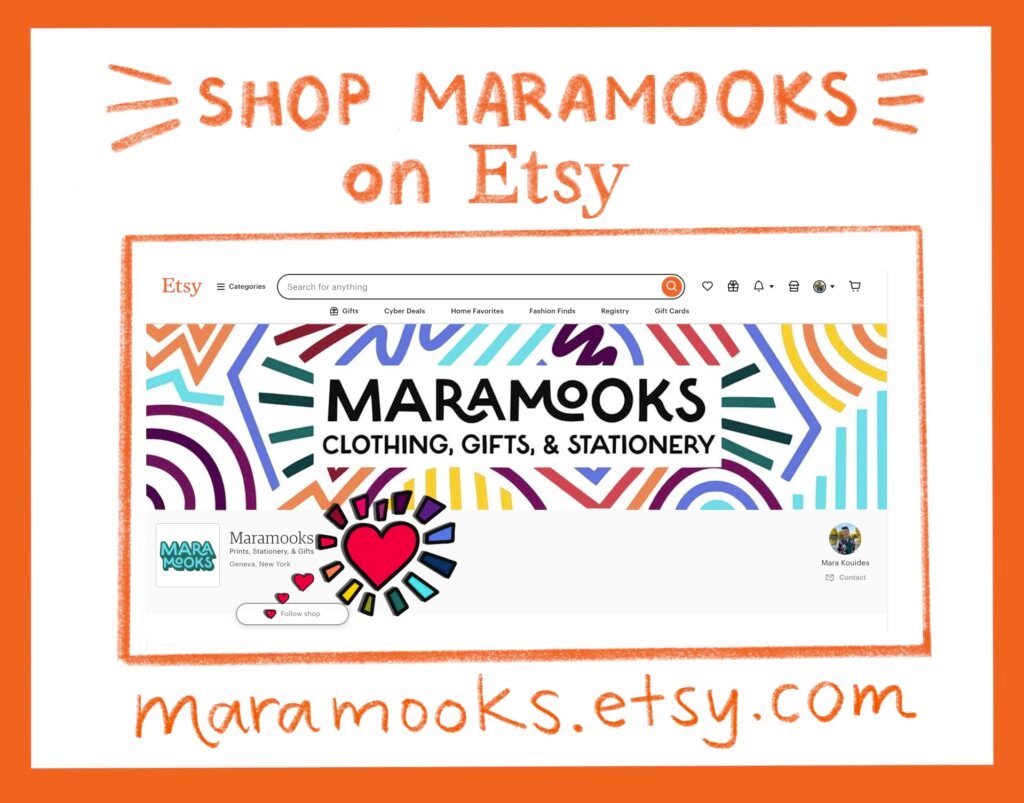 A graphic of the Maramooks banner and text saying Shop Maramooks on Etsy